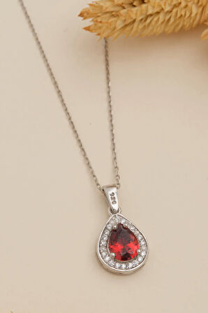 Kadın Gümüş Kolye - Oval Model Yakut Taşlı Zirkon Süslemeli Rodyumlu Kadın Kolye