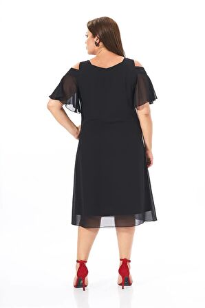  Kadın Büyük Beden Siyah Omuz Dekolteli Şifon Midi Boy Abiye Elbise