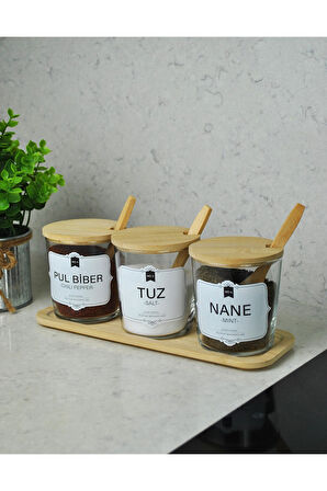 3'lü Bambu Kapaklı Standlı Kaşıklı Cam Baharatlık Takımı Tezgah Üstü Baharatlık Seti ( 6'lı Etiket)