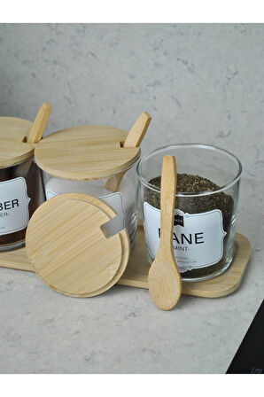 3'lü Bambu Kapaklı Standlı Kaşıklı Cam Baharatlık Takımı Tezgah Üstü Baharatlık Seti ( 6'lı Etiket)