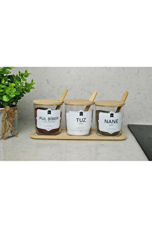 3'lü Bambu Kapaklı Standlı Kaşıklı Cam Baharatlık Takımı Tezgah Üstü Baharatlık Seti ( 6'lı Etiket)
