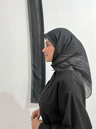 Aminenesil Soft Pamuk Etnik Düz Eşarp Siyah Gri Renk