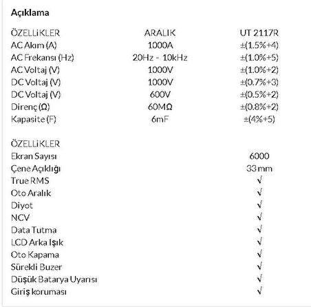 UT 2117R True Rms 1000a Ac Dijital Pensampermetre