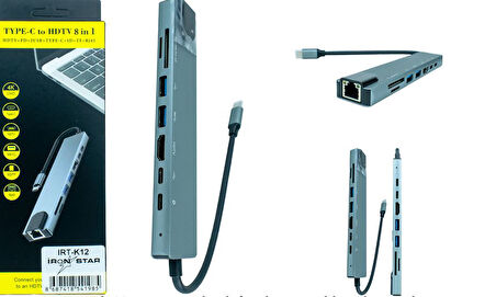 IRT-K12 8 İN 1 TYPE-C HDMI 4K + USB 3.0 + USB 2.0 + PD + TYPE-C + SD/TF + 100MB LAN;Class