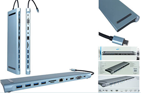 IRT-K15 12 İN 1 TYPE-C HDMI 1.4 + VGA + USB3.0 + USB2.0x3 + TYPE-C + SD/TF 2.0 + 100MBLAN + PD +3.5 mm AUDIO ;Class