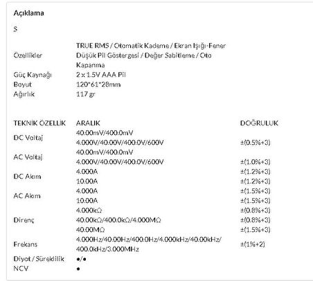 TF C1 Toolfix True RMS Dijital Multimetre Ölçü Aleti;UB