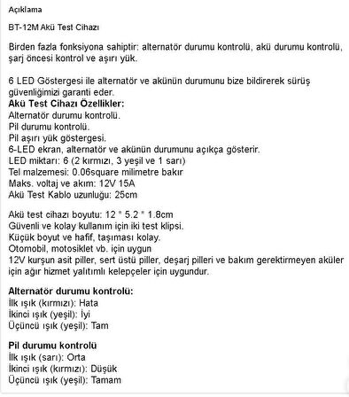 BT-12M Akü Test Cihazı 12V 15A ;GeSi ;UB