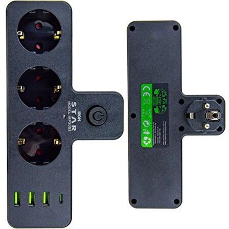 İronStar  IRP3002 3lü Akım Korumalı Priz, 3 Adet Usb Den Şarj Özelliği Açma Kapama Tuşlu 