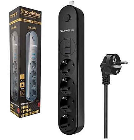 Showmax SH-4625 4'lü 2 USB'li 1 Type-C 2 m Anahtarlı Akım Korumalı Priz