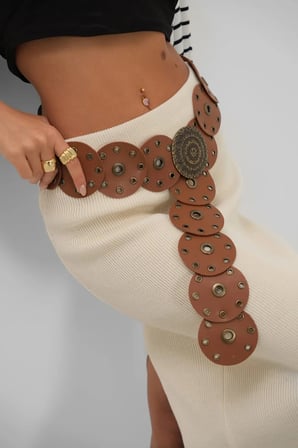 Boho Tarz Yuvarlak Halkalı Deri Kadın Kemer, Vintage Etnik Tasarım