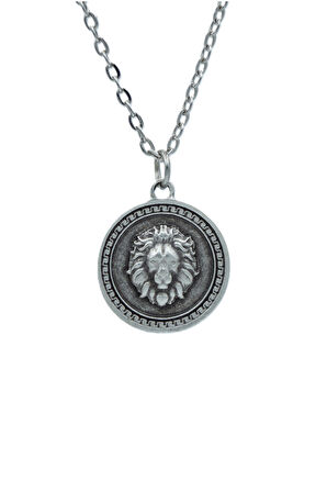 Aslan Kabartmalı Madalyo  Zincir Kolye - Gümüş Kaplama - Erkek Kadın Kolye - Kod:1595