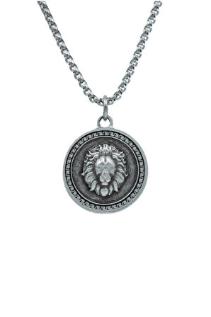Aslan Kabartmalı Madalyon Örme Zincir Kolye - Gümüş Kaplama - Erkek Kadın Kolye - No:1586