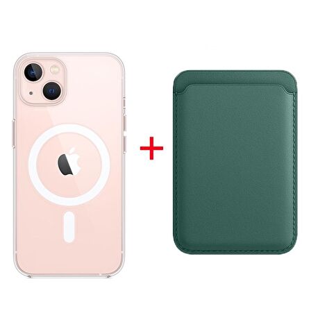 Smcase iPhone 13 Kılıf Manyetik Kristal Wiriless Destekli Sert Kapak Silikon  Manyetik Kartlıklı Kılıf