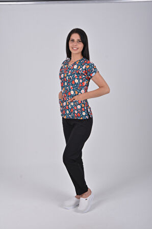 Unisex Yılbaşı Desenli Doktor Hemşire Öğretmen Aşçı Scrubs Üniforma Takımı