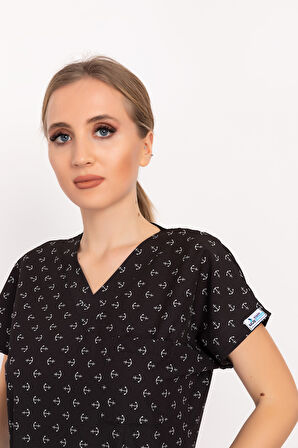 Unisex Siyah Çapa Desenli Doktor Hemşire Hastane Aşçı Scrubs Üniforma Takımı
