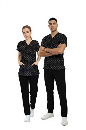 Unisex Siyah Çapa Desenli Doktor Hemşire Hastane Aşçı Scrubs Üniforma Takımı