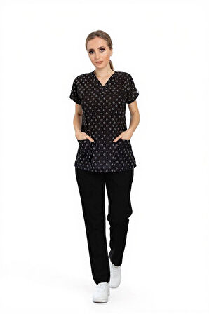 Unisex Siyah Çapa Desenli Doktor Hemşire Hastane Aşçı Scrubs Üniforma Takımı