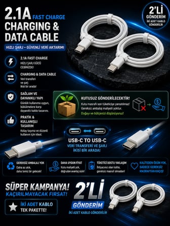 60W Type-C to Type-C Hızlı Şarj ve Data Kablosu — 2'li Set
