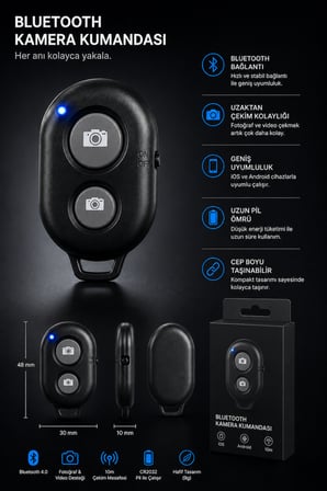  Bluetooth Kamera Kumandası Uzaktan Fotoğraf ve Video Çekim Kumandası iOS Android Uyumlu