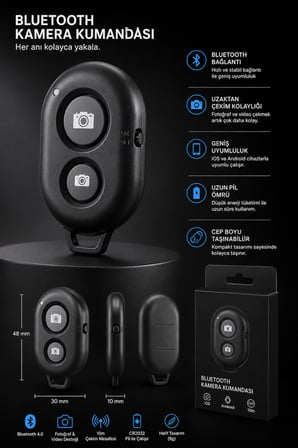  Bluetooth Kamera Kumandası Uzaktan Fotoğraf ve Video Çekim Kumandası iOS Android Uyumlu