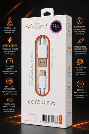 6A USB-A to Type-C Hızlı Şarj ve Data Kablosu 1 Metre 67W 120W Destekli