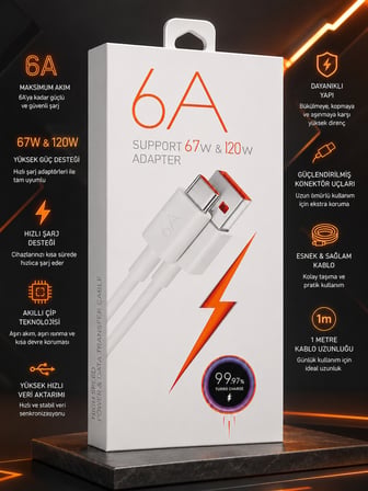 6A USB-A to Type-C Hızlı Şarj ve Data Kablosu 1 Metre 67W 120W Destekli