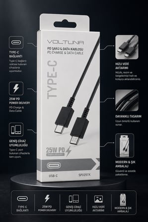Type-C to Type-C 25W PD Şarj ve Data Kablosu 1,5 m Siyah