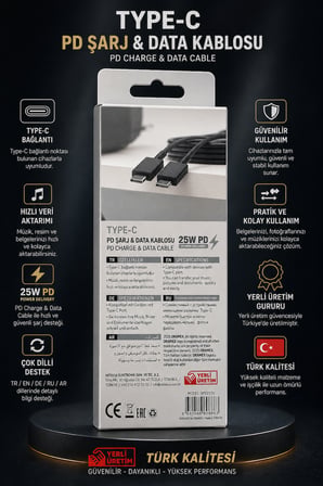 Type-C to Type-C 25W PD Şarj ve Data Kablosu 1,5 m Siyah