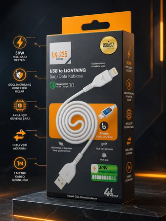 USB to Lightning 30W Hızlı Şarj ve Data Kablosu 1 m Beyaz