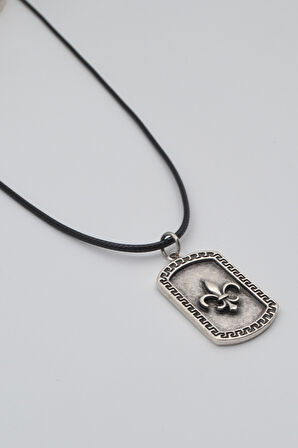 Fleur-de-lis Zambak Künye Kolye - PU Deri İp Zincirli Unisex Gümüş Kaplama - 60 cm