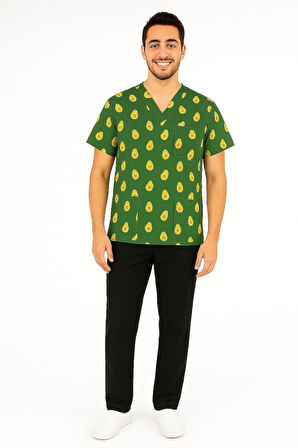 Unisex Avokado Desenli Doktor Hemşire Diyetisyen Cerrahi Scrubs Üniforma Takımı