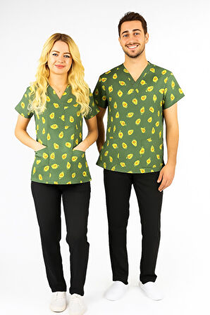Unisex Avokado Desenli Doktor Hemşire Diyetisyen Cerrahi Scrubs Üniforma Takımı