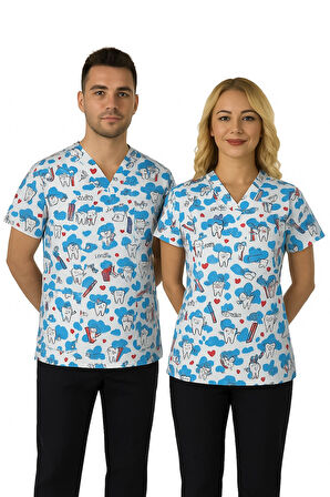 Unisex Beyaz Diş Desenli Diş Hekimi, Diş Doktoru, Diş Teknisyeni Scrubs Üniforma Takım