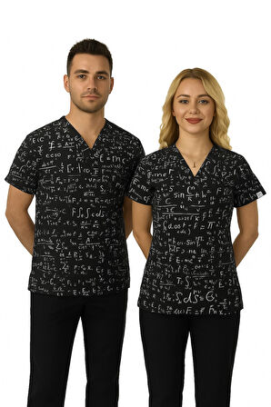 Unisex Formül Desenli Likralı Doktor Hemşire Öğretmen Cerrahi Scrubs Üniforma Takım