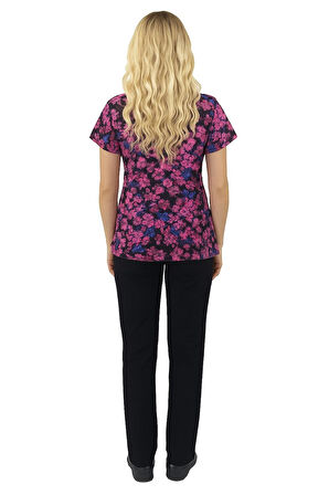 Unisex Pembe Çiçekler Desenli Doktor Hemşire Cerrahi Scrubs Üniforma Takım