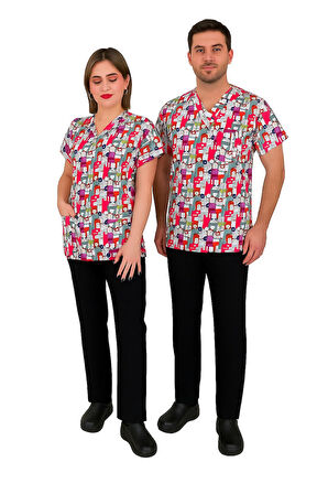 Unisex Renkli Köpekler Desenli Likralı Veteriner Doktor Hemşire Scrubs Üniforma Takımı