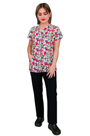 Unisex Renkli Köpekler Desenli Likralı Veteriner Doktor Hemşire Scrubs Üniforma Takımı