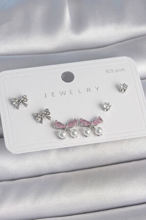 Pirinç Gümüş Renk Pembe Zirkon Taşlı Kurdele Model İnci Detay 925 Ayar Gümüş Çivi Kadın Küpe Seti