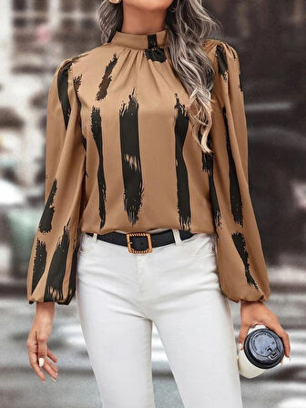 Kadın Balıkçı Yaka Desenli Uzun Kollu Dalgıç Bluz