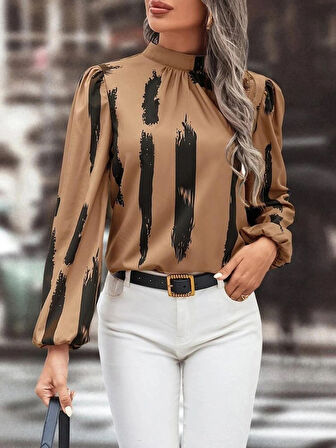 Kadın Balıkçı Yaka Desenli Uzun Kollu Dalgıç Bluz