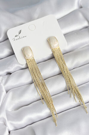 Sallantılı Beyaz Mineli Gold Renk Kadın Küpe