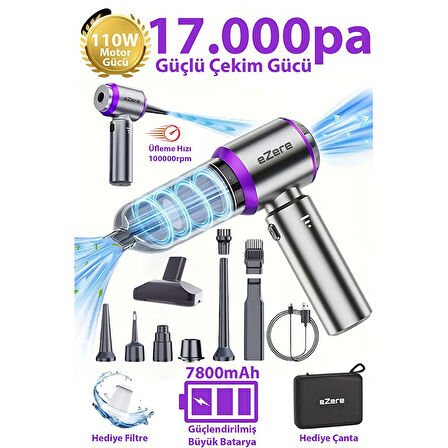 Ezere 17000PA Güçlü Dijital Göstergeli Vakumlu Kablosuz Üflemeli Mini Araç SÜPÜRGESI-(1903) - Gümüş
