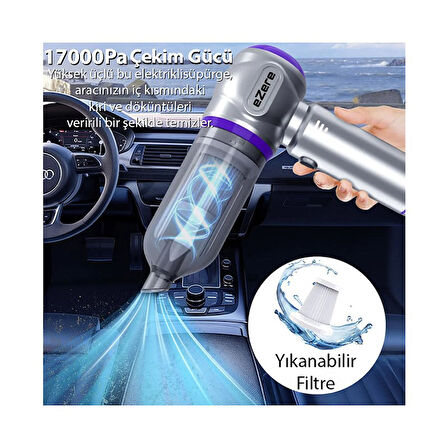 Ezere 17000PA Güçlü Dijital Göstergeli Vakumlu Kablosuz Üflemeli Mini Araç SÜPÜRGESI-(1903) - Gümüş