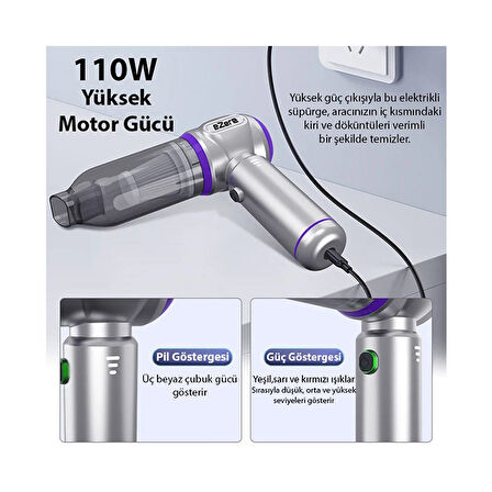 Ezere 17000PA Güçlü Dijital Göstergeli Vakumlu Kablosuz Üflemeli Mini Araç SÜPÜRGESI-(1903) - Gümüş