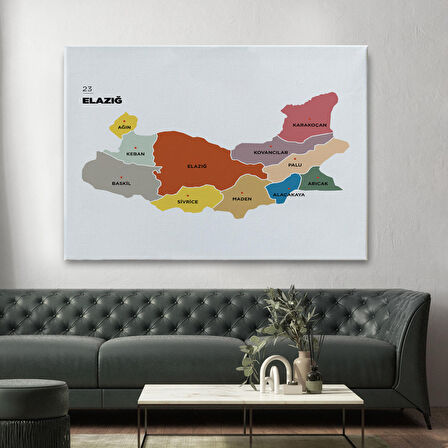 Harita Sepeti Elazığ İli ve İlçeler Haritası Dekoratif Kanvas Tablo 1331