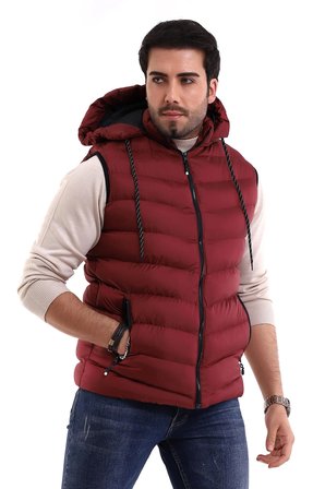 Erkek Jel Dolgu Çapraz Model Fermuarlı Kapşon İç Cepli Şişme Yelek Bordo