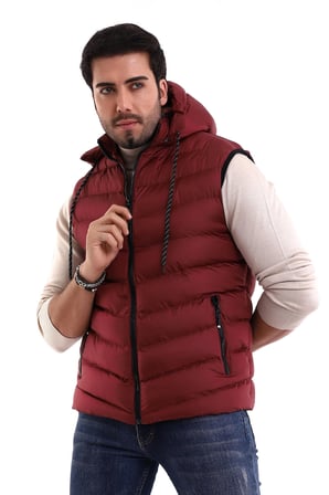 Erkek Jel Dolgu Çapraz Model Fermuarlı Kapşon İç Cepli Şişme Yelek Bordo