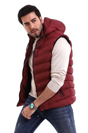 Erkek Jel Dolgu Çapraz Model Fermuarlı Kapşon İç Cepli Şişme Yelek Bordo
