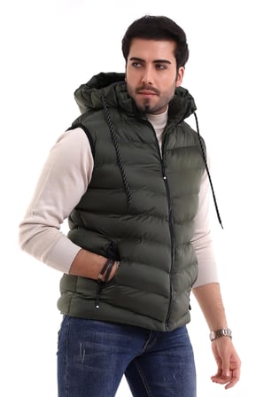 Erkek Jel Dolgu Çapraz Model Fermuarlı Kapşon İç Cepli Şişme Yelek Haki