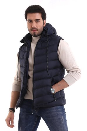 Erkek Jel Dolgu Çapraz Model Fermuarlı Kapşon İç Cepli Şişme Yelek Lacivert